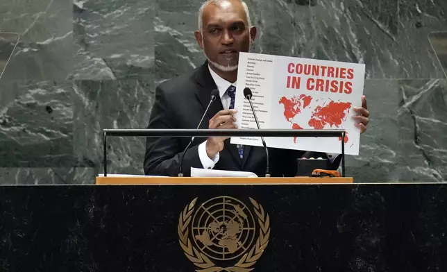 Maldives President Mohamed Muizzu addresses the 79th session of the United Nations General Assembly, Tuesday, Sept. 24, 2024. (AP Photo/Richard Drew)