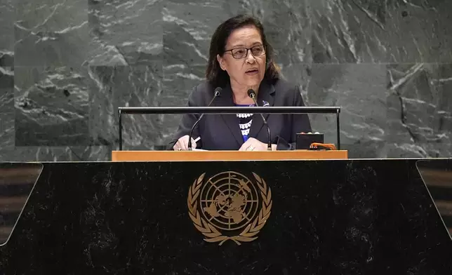 President of the Marshall Islands Hilda Heine addresses the 79th session of the United Nations General Assembly, Wednesday, Sept. 25, 2024. (AP Photo/Pamela Smith)