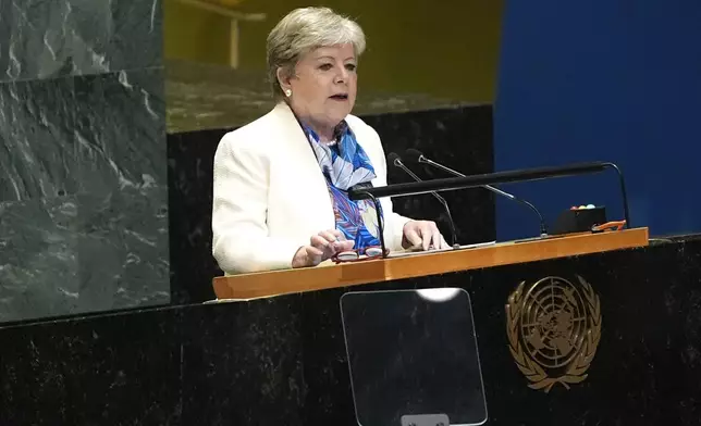 Mexico's Minister for Foreign Affairs Alicia Bárcena addresses the 79th session of the United Nations General Assembly, Saturday, Sept. 28, 2024. (AP Photo/Pamela Smith)