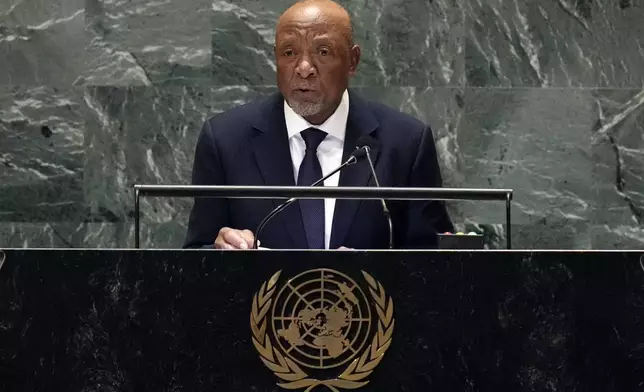 Namibia President Nangolo Mbumba addresses the 79th session of the United Nations General Assembly, Wednesday, Sept. 25, 2024. (AP Photo/Richard Drew)