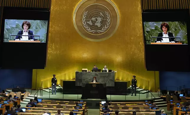 Gordana Siljanovska Davkova, President of North Macedonia, addresses the 79th session of the United Nations General Assembly, Thursday, Sept. 26, 2024, at U.N. headquarters. (AP Photo/Frank Franklin II)