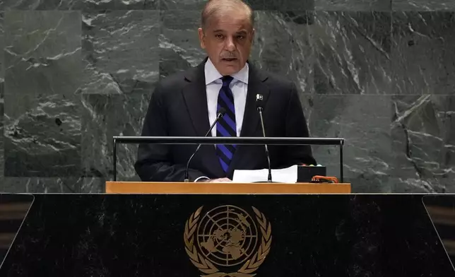 Pakistan Prime Minister Muhammad Shehbaz Sharif addresses the 79th session of the United Nations General Assembly, Friday, Sept. 27, 2024. (AP Photo/Richard Drew)