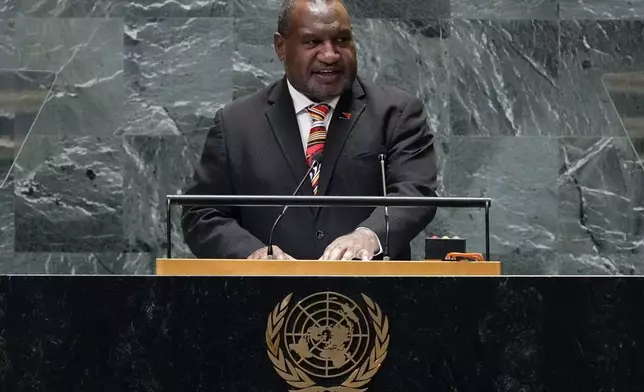 Papua New Guinea Prime Minister James Marape addresses the 79th session of the United Nations General Assembly, Friday, Sept. 27, 2024. (AP Photo/Richard Drew)