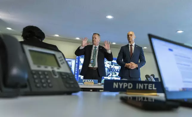 United Nations Department of Safety &amp; Security, Chief Michael Browne and Assistant Chief Drasko Galic speak to the media during a tour of the Joint Operations Centre inside the United Nations Headquarters, Friday Sept. 20, 2024. (AP Photo/Stefan Jeremiah)