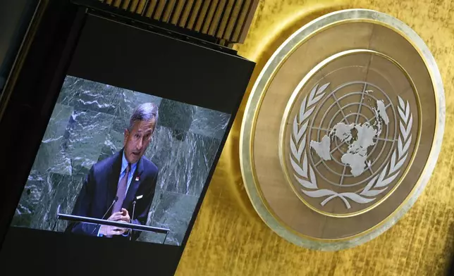 Singapore's Minister for Foreign Affairs Vivian Balakrishnan addresses the 79th session of the United Nations General Assembly, Saturday, Sept. 28, 2024. (AP Photo/Pamela Smith)