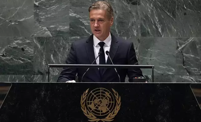 Slovenia Prime Minister Robert Golob addresses the 79th session of the United Nations General Assembly, Friday, Sept. 27, 2024. (AP Photo/Richard Drew)