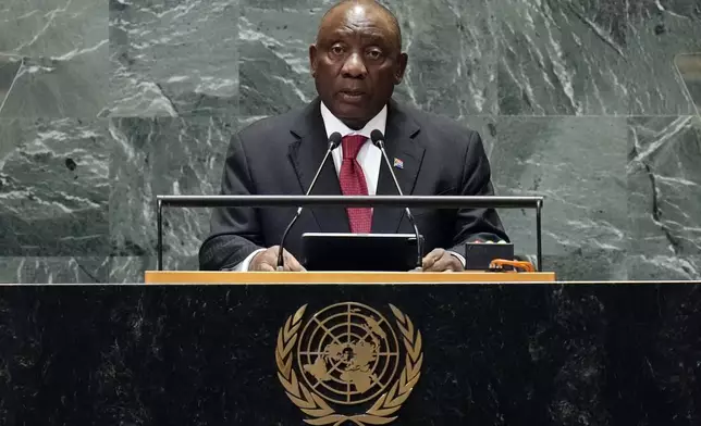 South Africa President Cyril Ramaphosa addresses the 79th session of the United Nations General Assembly, Tuesday, Sept. 24, 2024. (AP Photo/Richard Drew)