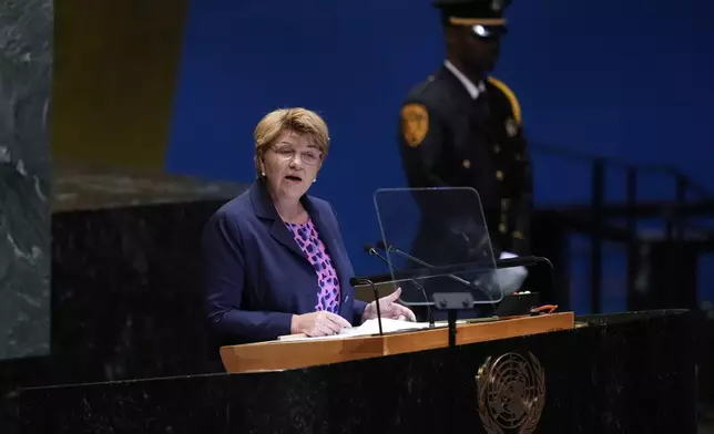 Swiss President Viola Amherd addresses the 79th session of the United Nations General Assembly at United Nations headquarters, Tuesday, Sept. 24, 2024. (AP Photo/Seth Wenig)