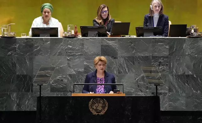 Switzerland President Viola Amherd addresses the 79th session of the United Nations General Assembly, Tuesday, Sept. 24, 2024. (AP Photo/Richard Drew)