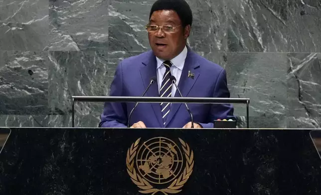 Tanzania Prime Minister Kassim Majaliwa Majaliwa addresses the 79th session of the United Nations General Assembly, Friday, Sept. 27, 2024. (AP Photo/Richard Drew)