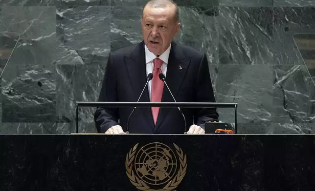 Turkey's President Recep Tayyip Erdogan addresses the 79th session of the United Nations General Assembly, Tuesday, Sept. 24, 2024. (AP Photo/Richard Drew)