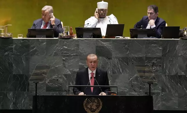 Turkey’s President Recep Tayyip Erdogan addresses the 79th session of the United Nations General Assembly, Tuesday, Sept. 24, 2024. (AP Photo/Richard Drew)