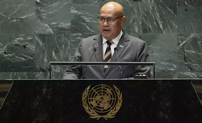 Tuvalu's Prime Minister Feleti Teo addresses the 79th session of the United Nations General Assembly, Friday, Sept. 27, 2024. (AP Photo/Pamela Smith)