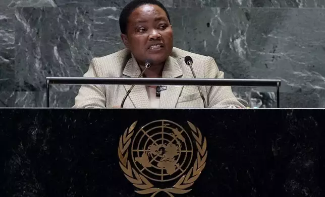 Uganda Prime Minister Robinah Nabbanja addresses the 79th session of the United Nations General Assembly, Friday, Sept. 27, 2024. (AP Photo/Richard Drew)