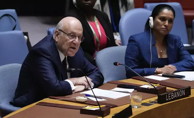 Lebanon's Prime Minister Najib Mikati speaks during a meeting of the Security Council, Wednesday, Sept. 25, 2024, at U.N. headquarters. (AP Photo/Frank Franklin II)