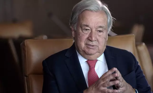 United Nations Secretary-General Antonio Guterres speaks during an interview at the United Nations headquarters, Monday, Sept. 9, 2024. (AP Photo/Pamela Smith)