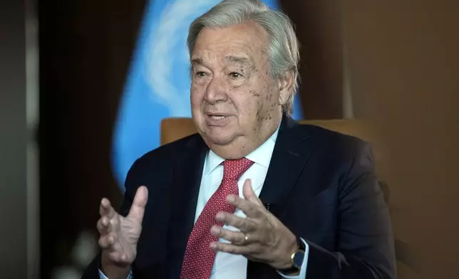 United Nations Secretary-General Antonio Guterres speaks during an interview at the United Nations headquarters, Monday, Sept. 9, 2024. (AP Photo/Pamela Smith)