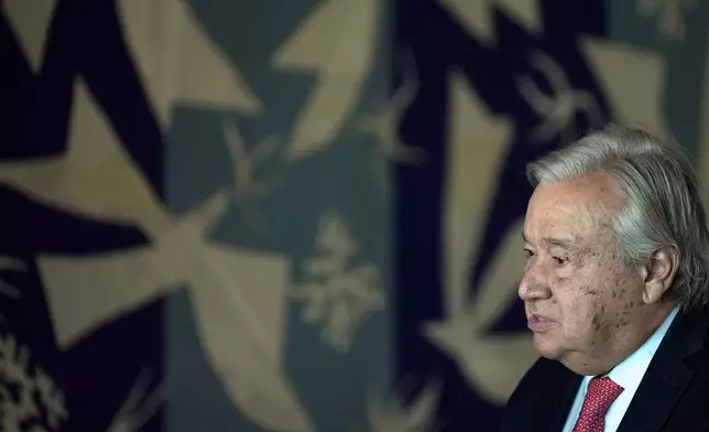 United Nations Secretary-General Antonio Guterres speaks during an interview at the United Nations headquarters, Monday, Sept. 9, 2024. (AP Photo/Pamela Smith)