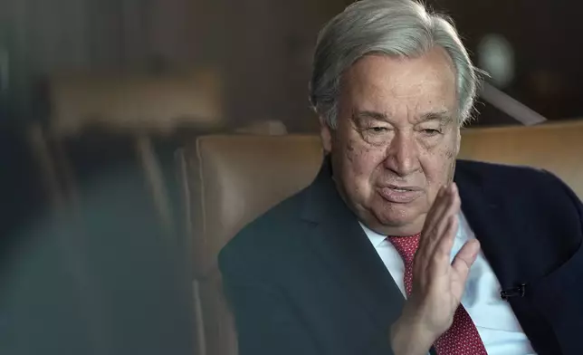 United Nations Secretary-General Antonio Guterres speaks during an interview at the United Nations headquarters, Monday, Sept. 9, 2024. (AP Photo/Pamela Smith)