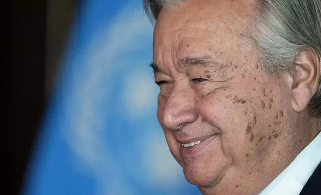 United Nations Secretary-General Antonio Guterres stands after being interviewed at the United Nations headquarters, Monday, Sept. 9, 2024. (AP Photo/Pamela Smith)