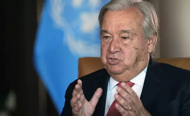 United Nations Secretary-General Antonio Guterres speaks during an interview at the United Nations headquarters, Monday, Sept. 9, 2024. (AP Photo/Pamela Smith)