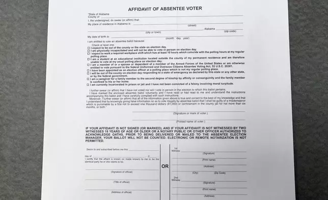 An Alabama absentee ballot affidavit for the November election, is photographed Tuesday, Sept. 10, 2024, in Birmingham, Ala. Absentee ballots will start being distributed on Sept. 11. (AP Photo/Vasha Hunt)