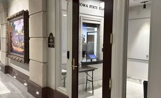 The Oklahoma State Election Board Office inside the state Capitol in Oklahoma City, was one of at least five states in the U.S. which election officials received suspicious packages on Monday, Sept. 16, 2024. (AP Photo/Sean Murphy)