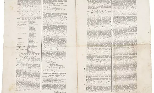 A 1787 copy of the U.S. Constitution that will be put up for auction on Sept. 28 at Bruck Auctions in Asheville, N.C., is seen in this photo. (Brunk Auctions via AP)