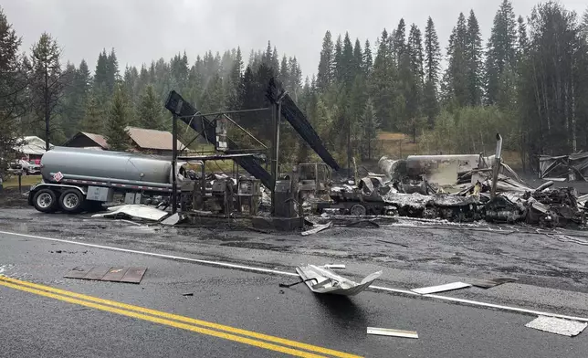 This photo provided by U.S. Bureau of Alcohol, Tobacco, Firearms and Explosives was taken in the aftermath of the Sept. 11, 2024, explosion and fire at a gas station in the small mountain community of Cardiff, Idaho. (U.S. Bureau of Alcohol, Tobacco, Firearms and Explosives via AP)