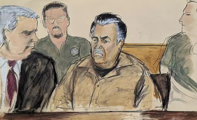 In this courtroom sketch, Ismael Zambada Garcia, El Mayo, center, is seated beside his defense attorney Frank Perez, left, in Federal court, in the Brooklyn borough of New York, Friday, Sept. 13, 2024. (Elizabeth Williams via AP)