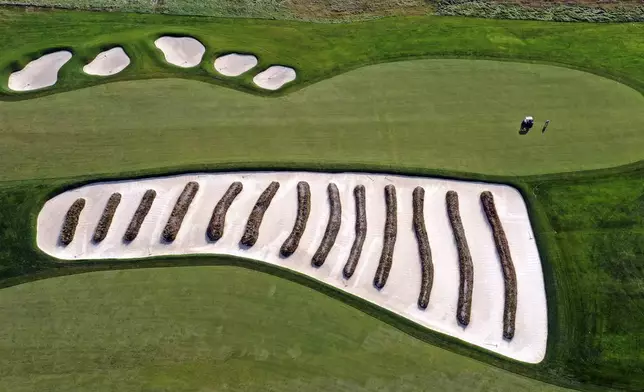 This is the Church Pew trap between the third fairway, top, and fourth fairway, bottom, at Oakmont Country Club, in Oakmont, Pa., on Monday, Sept. 16, 2024. (AP Photo/Gene J. Puskar)