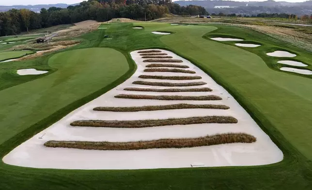 This is the Church Pew trap between the third fairway, right, and fourth fairway, left, at Oakmont Country Club, in Oakmont, Pa., on Monday, Sept. 16, 2024. (AP Photo/Gene J. Puskar)