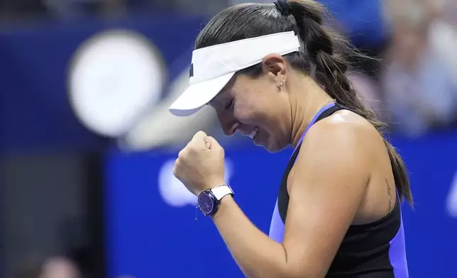 Jessica Pegula, of the United States, reacts after defeating Iga Świątek, of Poland, during the quarterfinals of the U.S. Open tennis championships, Wednesday, Sept. 4, 2024, in New York. (AP Photo/Eduardo Munoz Alvarez)