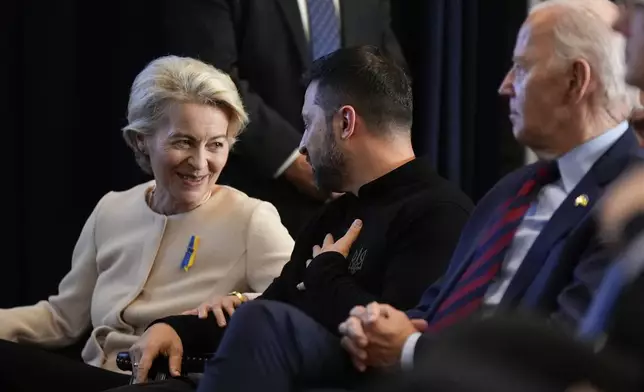 President Joe Biden hosts an event with Ukraine President Volodymyr Zelenskyy, European Commission President Ursula von der Leyen, left, and other world leaders launching a Joint Declaration of Support for Ukrainian Recovery and Reconstruction, Wednesday, Sept. 25, 2024, in New York. (AP Photo/Manuel Balce Ceneta)