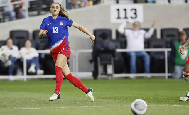 FILE - United States' Alex Morgan plays against Canada during a SheBelieves Cup women's soccer match Tuesday, April 9, 2024, in Columbus, Ohio. (AP Photo/Jay LaPrete, File)