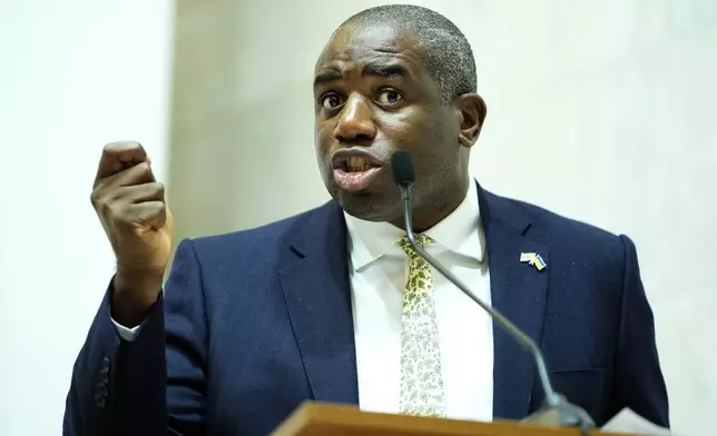 Britain's Foreign Secretary David Lammy, speaks during a joint news conference with Ukraine's Foreign Minister Andriiy Sybiha and U.S. Secretary of State Antony Blinken at the Ministry of Foreign Affairs in Kyiv, Ukraine, Wednesday, Sept. 11, 2024. (AP Photo/Mark Schiefelbein, Pool)