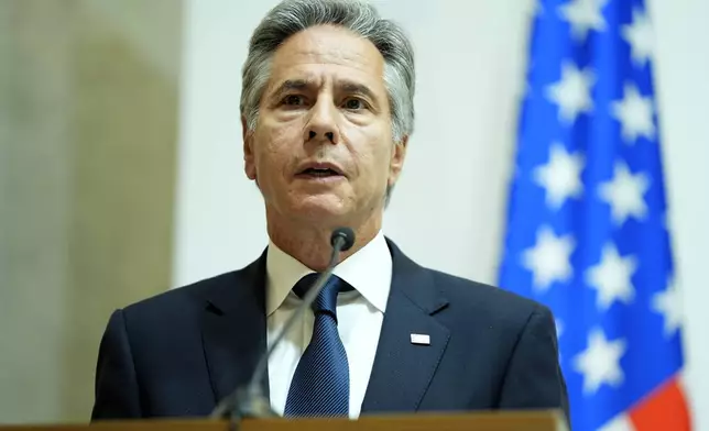 U.S. Secretary of State Antony Blinken speaks during a joint news conference with Britain's Foreign Secretary David Lammy, and Ukraine's Foreign Minister Andriiy Sybiha at the Ministry of Foreign Affairs in Kyiv, Ukraine, Wednesday, Sept. 11, 2024. (AP Photo/Mark Schiefelbein, Pool)