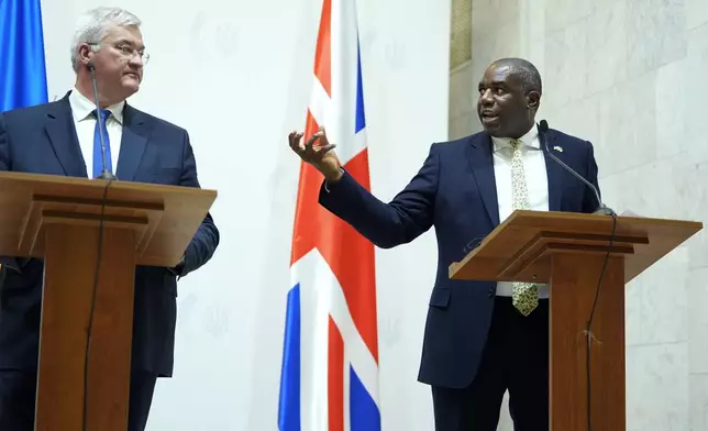 Britain's Foreign Secretary David Lammy, speaks during a joint news conference with Ukraine's Foreign Minister Andriiy Sybiha, left, and U.S. Secretary of State Antony Blinken at the Ministry of Foreign Affairs in Kyiv, Ukraine, Wednesday, Sept. 11, 2024. (AP Photo/Mark Schiefelbein, Pool)