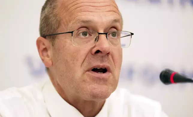 Doctor Hans Henri P. Kluge, WHO Regional Director for Europe speaks to the media during a press conference in Kyiv, Ukraine, Thursday Sept. 12, 2024. (AP Photo/Evgeniy Maloletka)