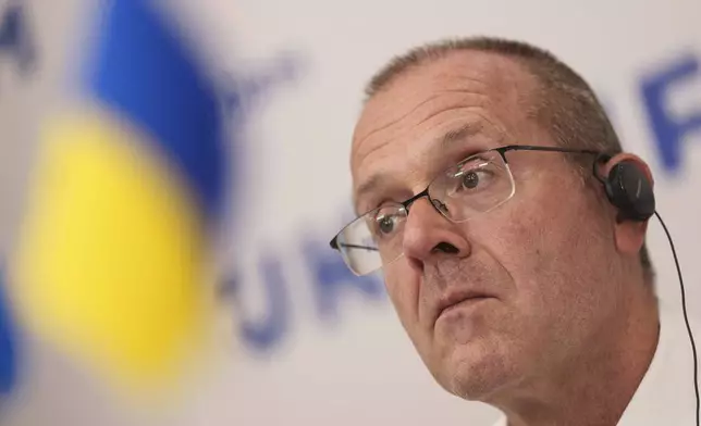 Doctor Hans Henri P. Kluge, WHO Regional Director for Europe speaks to media during a press conference in Kyiv, Ukraine, Thursday Sept. 12, 2024. (AP Photo/Evgeniy Maloletka)