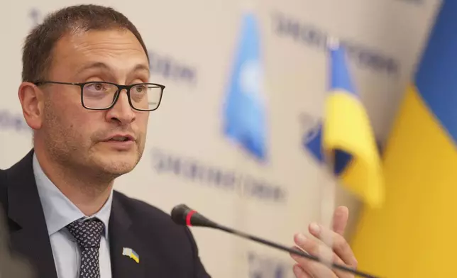 Doctor Jarno Habicht, WHO Representative in Ukraine speaks to the media during a press conference in Kyiv, Ukraine, Thursday Sept. 12, 2024. (AP Photo/Evgeniy Maloletka)