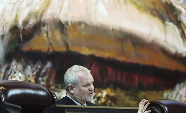 Associate Chief Justice John Pearce asks a question during a hearing about a proposed constitutional amendment before the Utah Supreme Court in Salt Lake City on Wednesday, Sept. 25, 2024. (Jeffrey D. Allred/The Deseret News via AP, Pool)