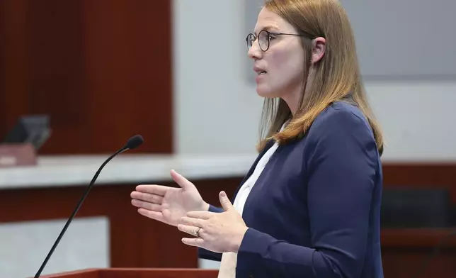 Taylor Meehan, right, an attorney for the Utah Legislature, defends a proposed constitutional amendment before the Utah Supreme Court in Salt Lake City on Wednesday, Sept. 25, 2024. (Jeffrey D. Allred/The Deseret News via AP, Pool)
