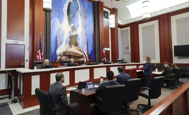 Taylor Meehan, right, an attorney for the Utah Legislature, defends a proposed constitutional amendment before the Utah Supreme Court in Salt Lake City on Wednesday, Sept. 25, 2024. (Jeffrey D. Allred/The Deseret News via AP, Pool)