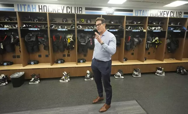 Utah Hockey Club general manager Bill Armstrong speaks during a tour of the new temporary practice facility locker room at the Olympic Oval Tuesday, Sept. 17, 2024, in Kearns, Utah. (AP Photo/Rick Bowmer)