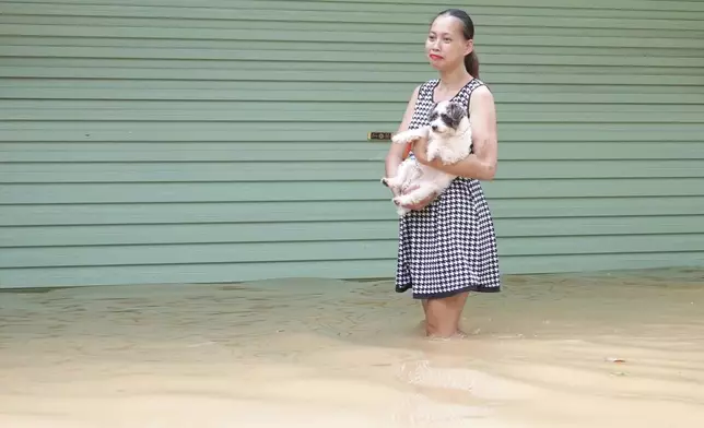 Local resident Mai Anh, carrying her dog, reacts after seeing her flooded shop in the aftermath of Typhoon Yagi, in Hanoi, Vietnam on Thursday, Sep. 12, 2024. (AP Photo/Hau Dinh)