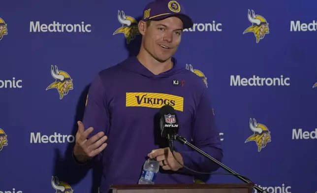 Minnesota Vikings head coach Kevin O'Connell answers questions during a press conference after an NFL football game against the New York Giants, Sunday, Sept. 8, 2024, in East Rutherford, N.J. (AP Photo/Pamela Smith)