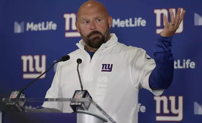 New York Giants head coach Brian Daboll answers questions during a press conference after an NFL football game against the Minnesota Vikings, Sunday, Sept. 8, 2024, in East Rutherford, N.J. (AP Photo/Adam Hunger)