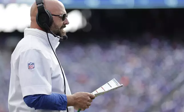 New York Giants head coach Brian Daboll stands on the sideline during the second half of an NFL football game against the Minnesota Vikings, Sunday, Sept. 8, 2024, in East Rutherford, N.J. (AP Photo/Adam Hunger)