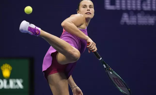 Aryna Sabalenka, of Belarus, kicks the ball after double faulting against Jessica Pegula, of the United States, during the women's singles final of the U.S. Open tennis championships, Saturday, Sept. 7, 2024, in New York. (AP Photo/Julia Nikhinson)